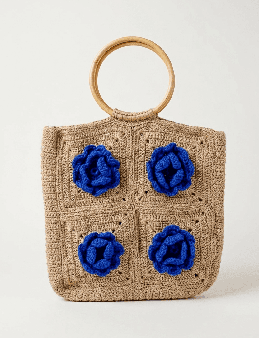 Blue Blossom Crochet Ring Bag